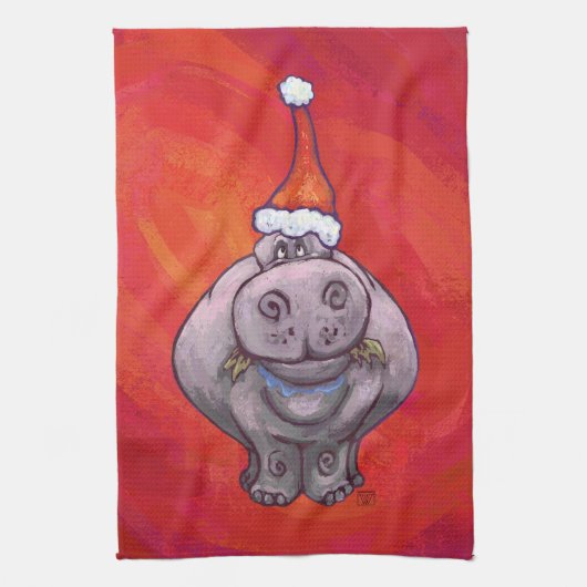 Cute Hippo in Santa Hat op Red Theedoek (Verticaal)