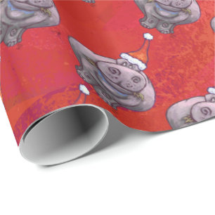 Cute Hippo in Santa Hat Pattern op Red Cadeaupapier