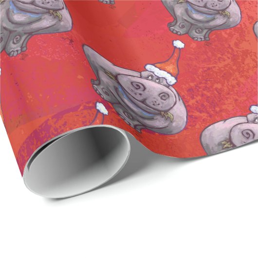 Cute Hippo in Santa Hat Pattern op Red Cadeaupapier (Rol Hoek)