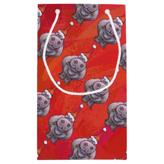 Cute Hippo in Santa Hat Pattern op Red Klein Cadeauzakje (Achterkant)