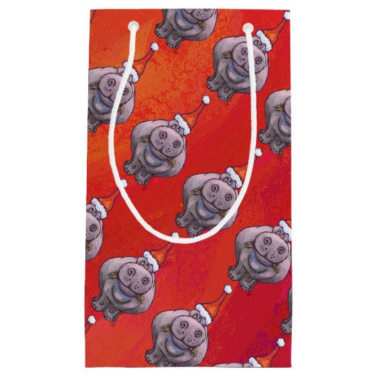 Cute Hippo in Santa Hat Pattern op Red Klein Cadeauzakje (Voorkant)