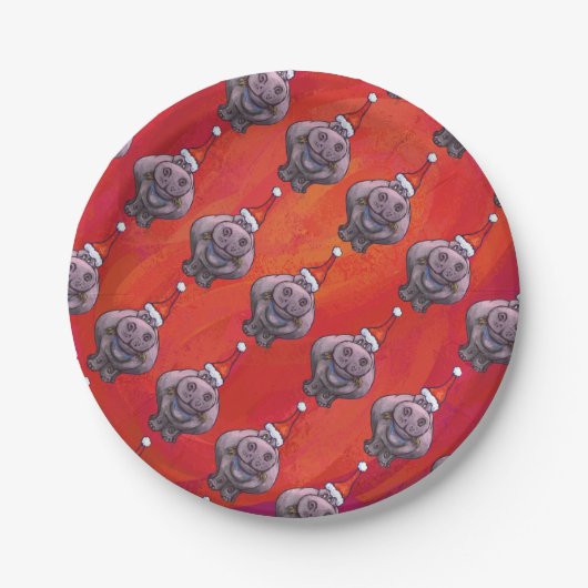 Cute Hippo in Santa Hat Pattern op Red Papieren Bordje (Voorkant)