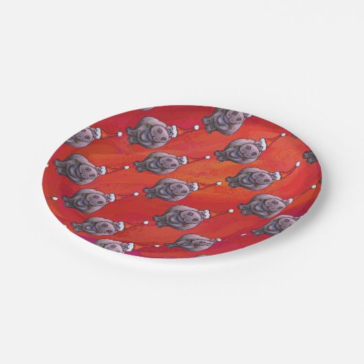 Cute Hippo in Santa Hat Pattern op Red Papieren Bordje (Gekanteld)