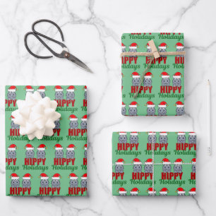 Cute Hippo Kerstmis Funny Hippy Feestdagen Green Inpakpapier Vel