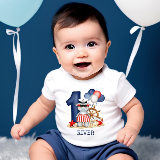 Cute Hippo Nautical 1st Birthday Boy
