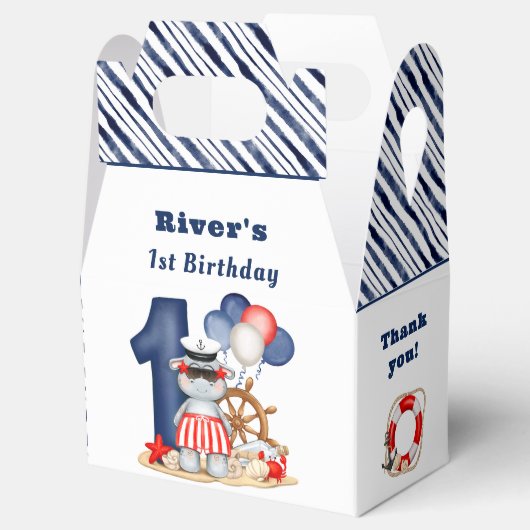 Cute Hippo Nautical 1st Birthday Boy Bedankdoosjes (Geopend)