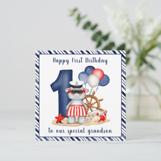 Cute Hippo Nautical 1st Birthday Boy Kaart (Staand voorkant)