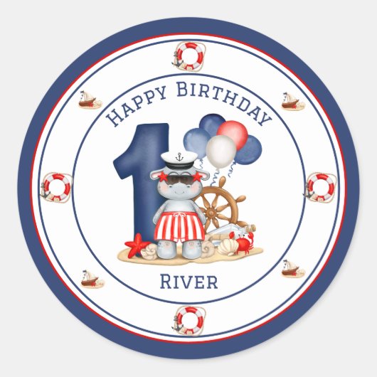 Cute Hippo Nautical 1st Birthday Boy Ronde Sticker (Voorkant)