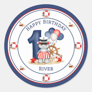 Cute Hippo Nautical 1st Birthday Boy Ronde Sticker