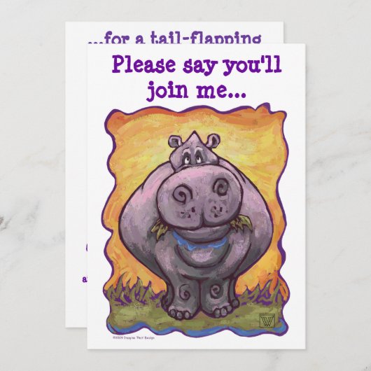 Cute Hippo Party Invitation Kaart (Voorkant / Achterkant)