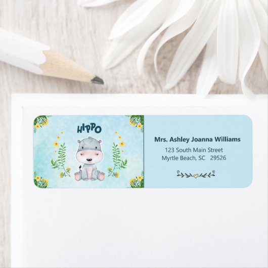 Cute Hippo Return Address Etiket (Insitu)