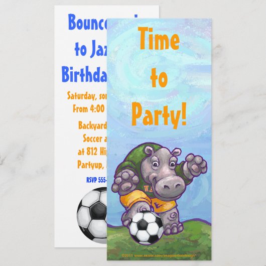 Cute Hippo Soccer Party Invitation Kaart (Voorkant / Achterkant)