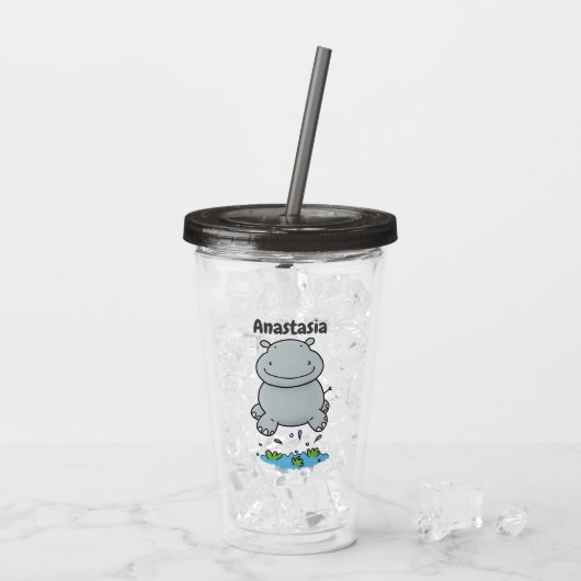 Cute hippo springende cartoon illustratie acryl drinkbeker (Achterkant ijs)
