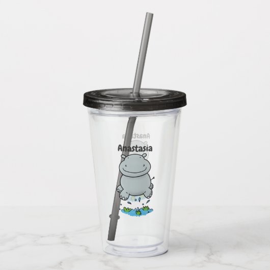 Cute hippo springende cartoon illustratie acryl drinkbeker (Achterkant)