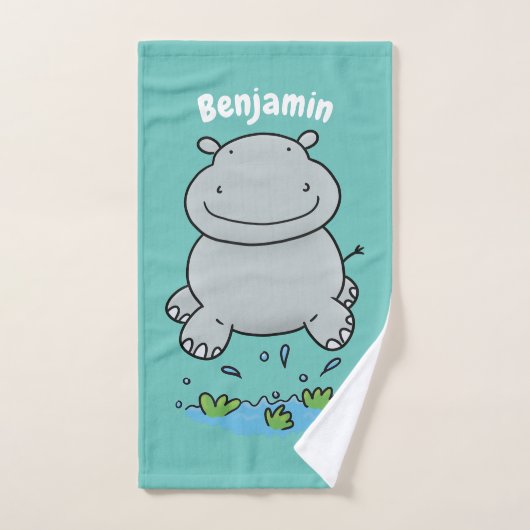 Cute hippo springende cartoon illustratie bad handdoek (Handdoek)