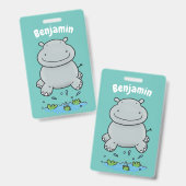 Cute hippo springende cartoon illustratie badge (Voor- en achterkant)