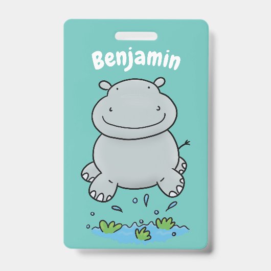 Cute hippo springende cartoon illustratie badge (Voorkant)