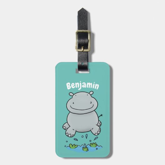 Cute hippo springende cartoon illustratie bagagelabel (Voorkant verticaal)