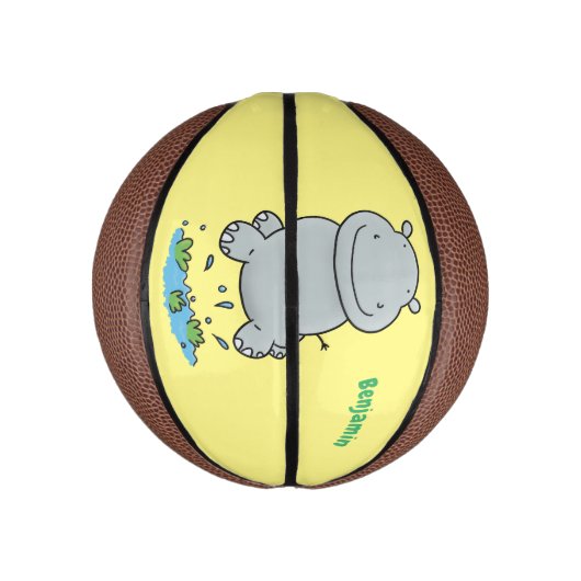 Cute hippo springende cartoon illustratie basketbal (Verticaal)