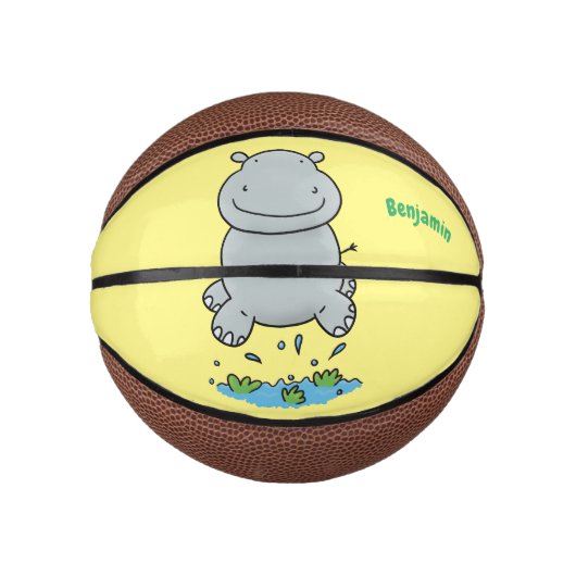 Cute hippo springende cartoon illustratie basketbal (Voorkant)
