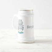 Cute hippo springende cartoon illustratie bierpul (Voorkant links)