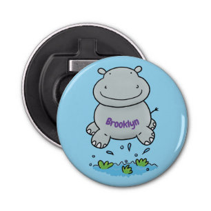 Cute hippo springende cartoon illustratie button flesopener