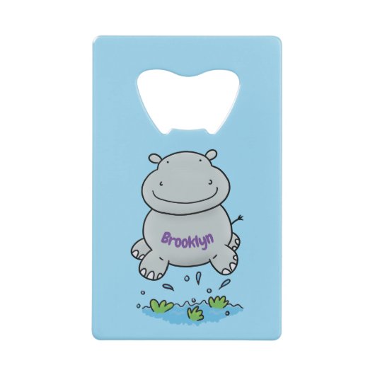 Cute hippo springende cartoon illustratie creditkaart flessenopener (Voorkant)