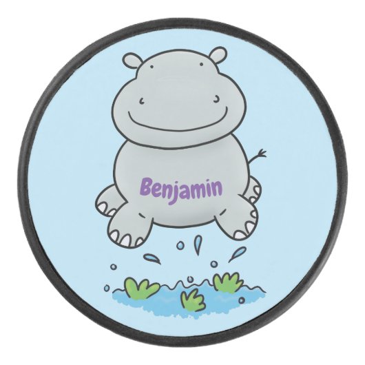Cute hippo springende cartoon illustratie hockey puck (Voorkant)