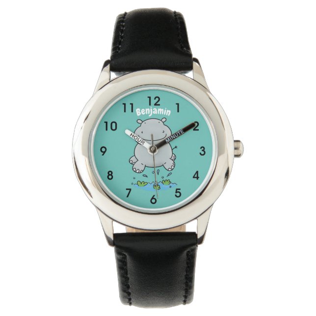 Cute hippo springende cartoon illustratie horloge (Voorkant)