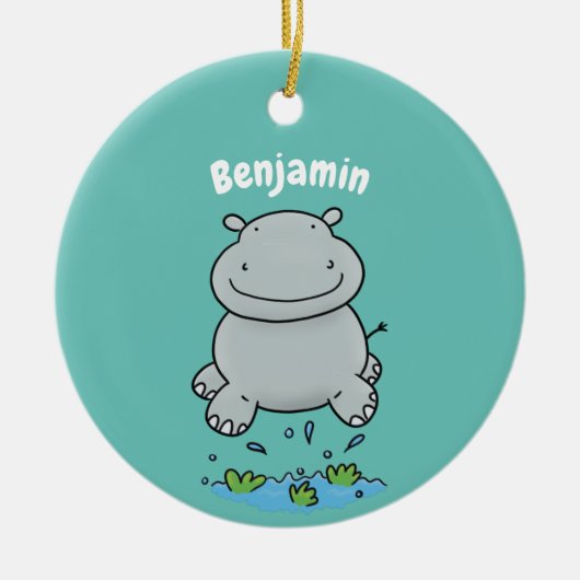 Cute hippo springende cartoon illustratie keramisch ornament (Voorkant)