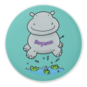 Cute hippo springende cartoon illustratie keramische knop