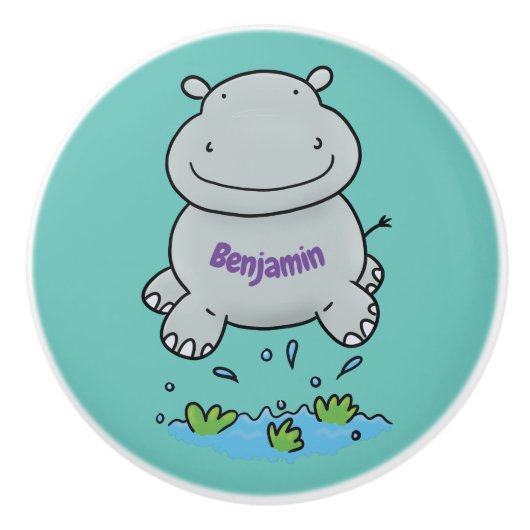Cute hippo springende cartoon illustratie keramische knop (Voorkant)
