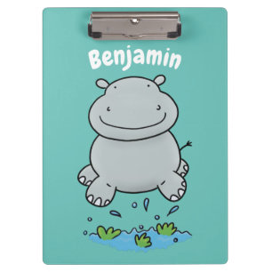 Cute hippo springende cartoon illustratie klembord