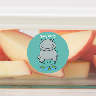 Cute hippo springende cartoon illustratie labels