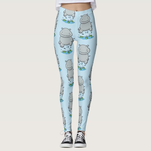 Cute hippo springende cartoon illustratie leggings (Voorkant)