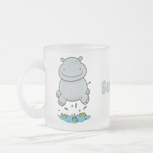 Cute hippo springende cartoon illustratie matglas koffiemok (Links)