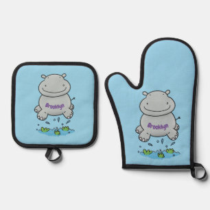 Cute hippo springende cartoon illustratie ovenwant & pannenlap set