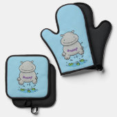 Cute hippo springende cartoon illustratie ovenwant & pannenlap set (Voorkant / Achterkant)