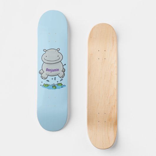 Cute hippo springende cartoon illustratie persoonlijk skateboard (Voorkant)