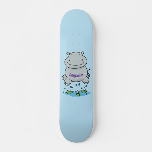 Cute hippo springende cartoon illustratie persoonlijk skateboard (Voorkant)