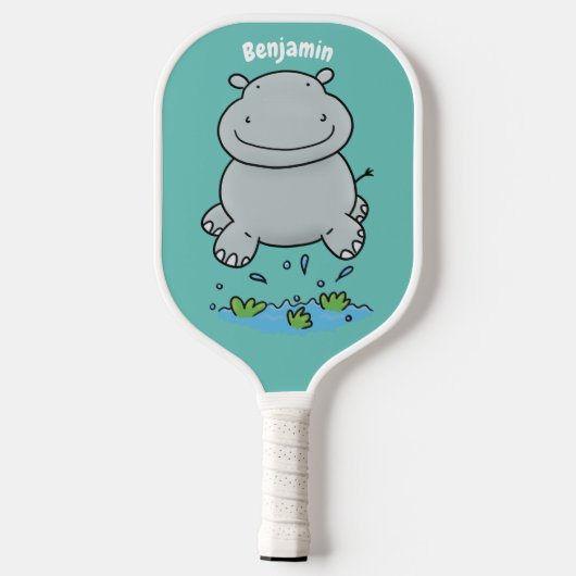 Cute hippo springende cartoon illustratie pickleball paddle (Achterkant)