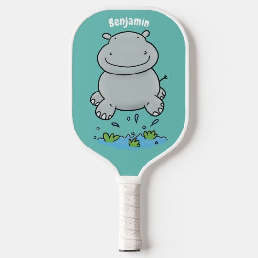 Cute hippo springende cartoon illustratie pickleball paddle (Voorkant)