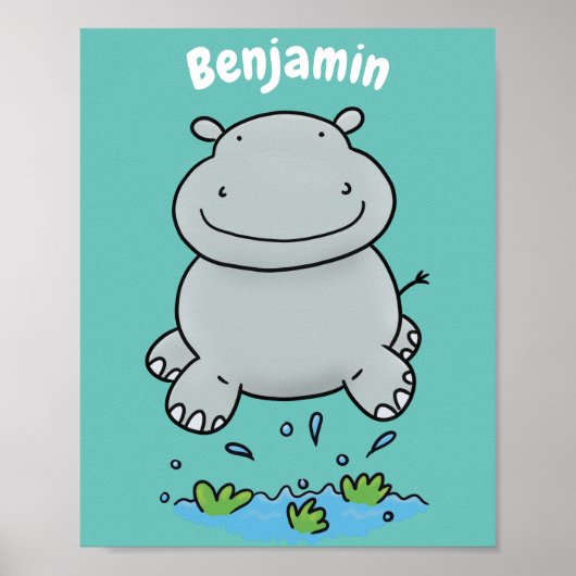 Cute hippo springende cartoon illustratie poster (Voorkant)