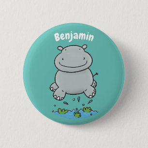 Cute hippo springende cartoon illustratie ronde button 5,7 cm