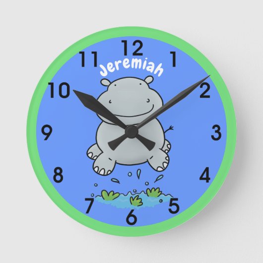 Cute hippo springende cartoon illustratie ronde klok (Voorkant)