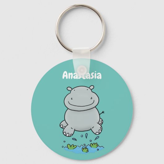Cute hippo springende cartoon illustratie sleutelhanger (Voorkant)