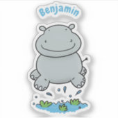 Cute hippo springende cartoon illustratie sticker (Voorkant)