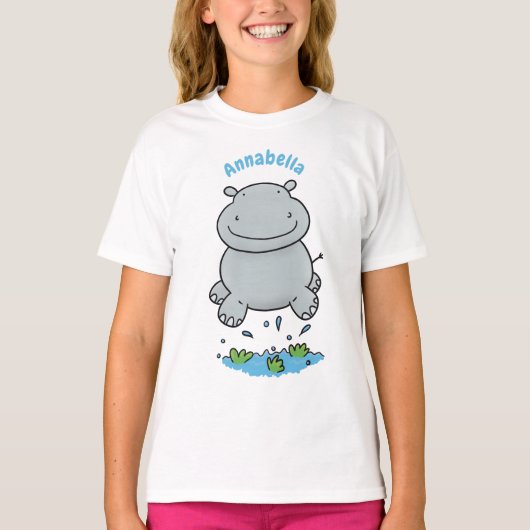 Cute hippo springende cartoon illustratie t-shirt (Voorkant)
