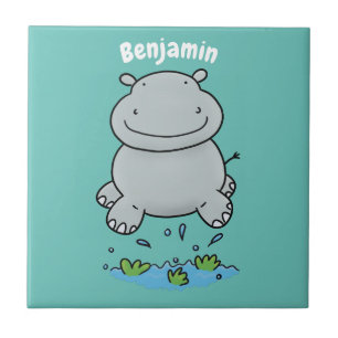 Cute hippo springende cartoon illustratie tegeltje