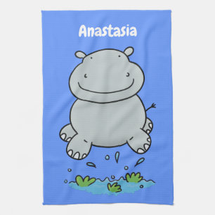Cute hippo springende cartoon illustratie theedoek